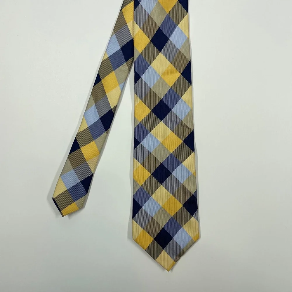 Tommy Hilfiger Yellow Navy Blue Plaid Silk Necktie Mens One Size